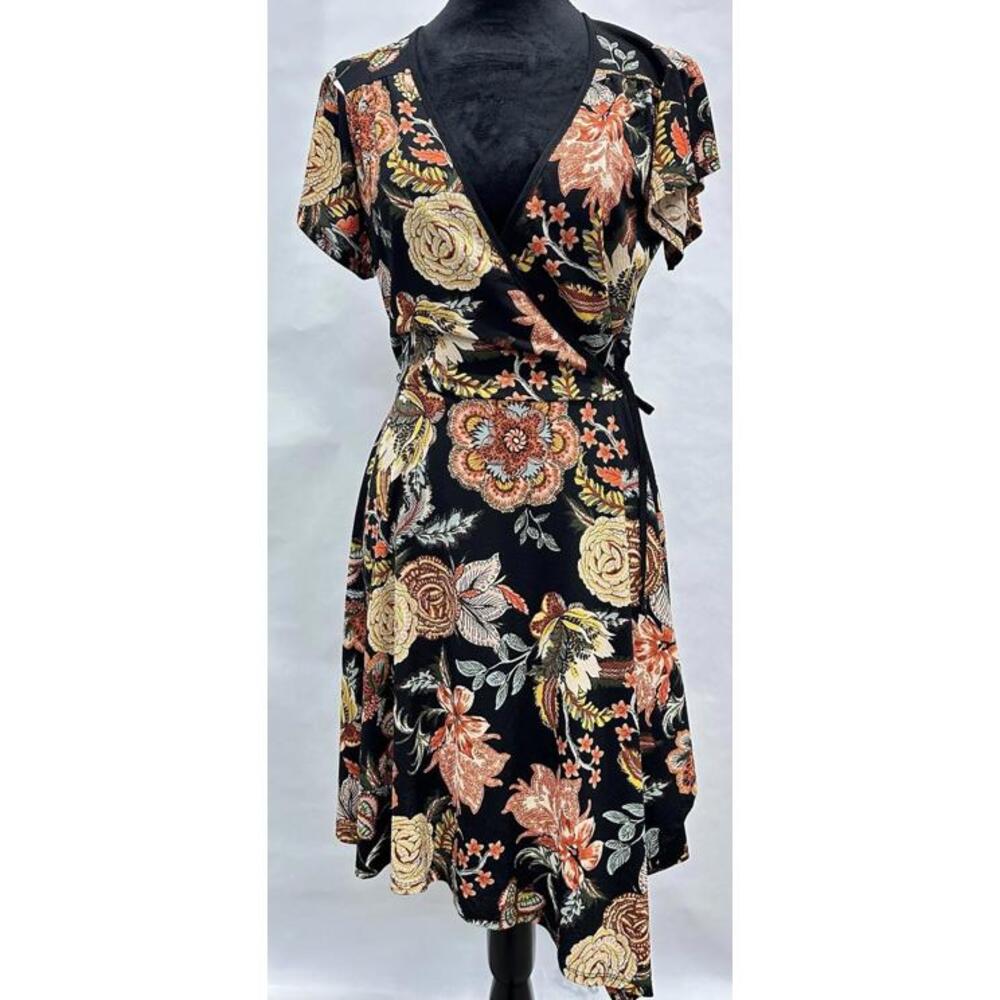 Xhilaration‎ M Asymmetrical Mini Dress Black Floral Wrap Style Short Sleeve Fall